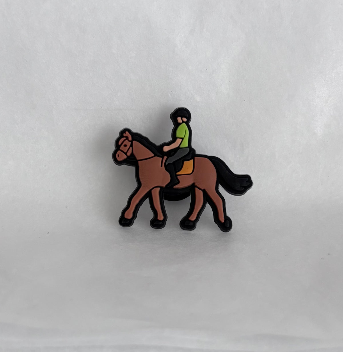 Chestnut horse rider green top shoe charm