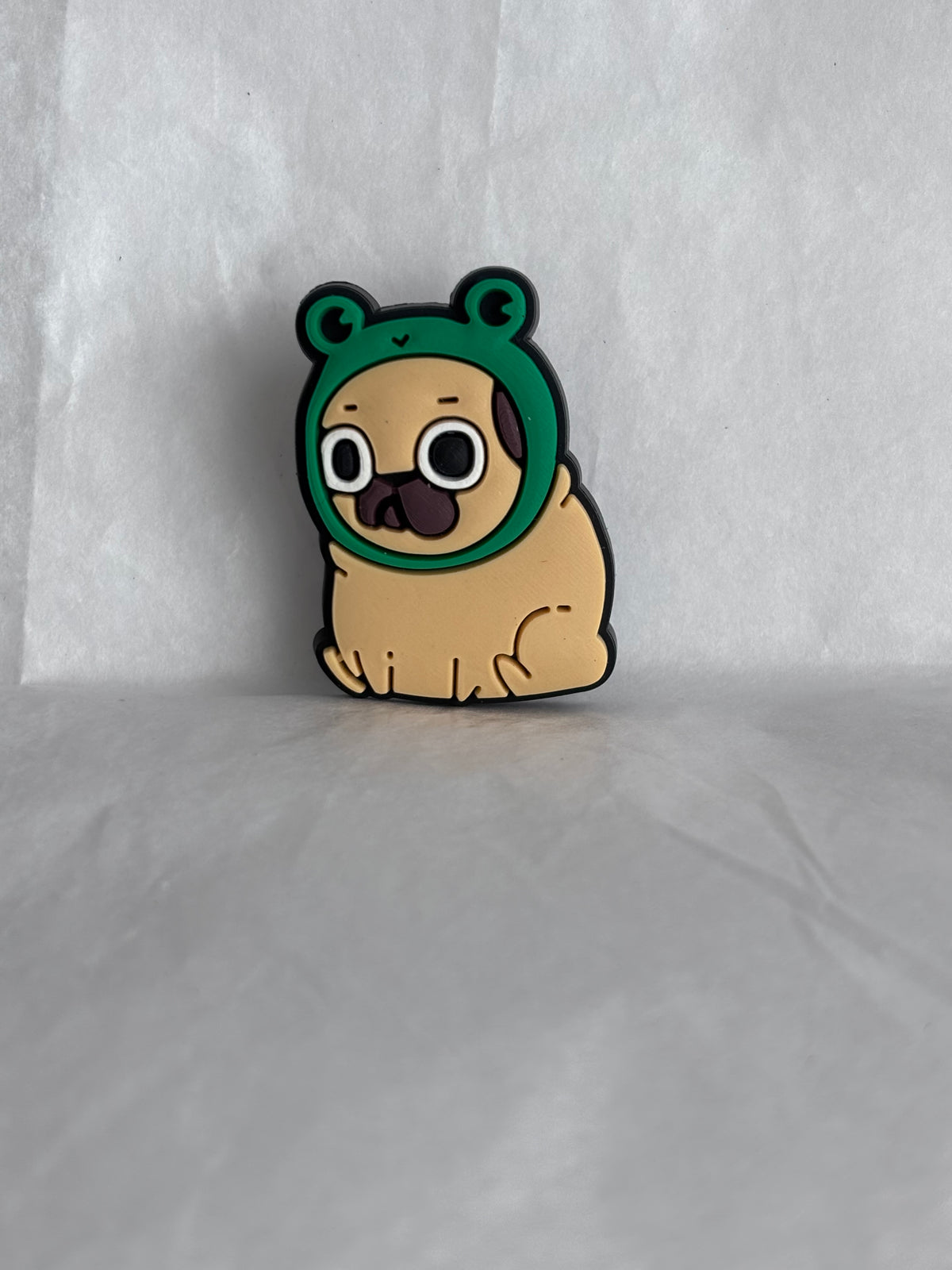 Pug with a frog hat shoe charm