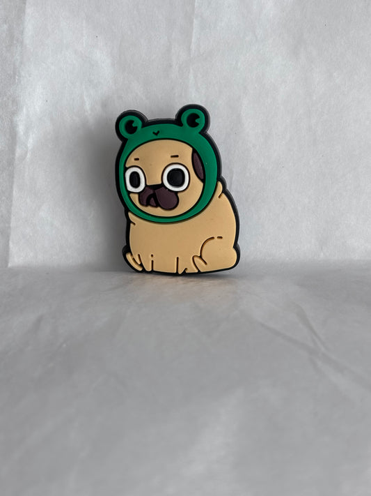 Pug with a frog hat shoe charm